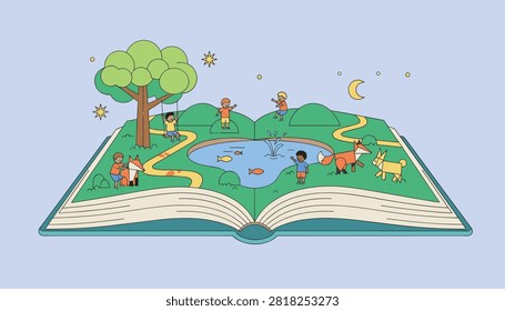 Open book reveals a vibrant pop up forest garden featuring children playing, foxes, and a scenic central pond.