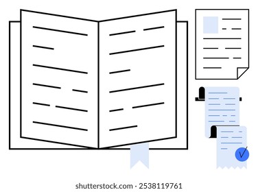 Open book with ribbon bookmark, document with text, and checklist with checkmark. Ideal for education, documentation, writing, reading, and organization themes. Simple and clean style