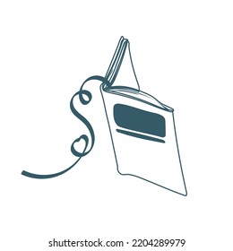 Open book with a ribbon bookmark, drawn in the style of a doodle. International Literacy Day. Ribbon with a heart. Vector simple illustration.