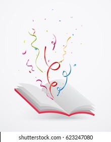 open book with ribbon and confetti