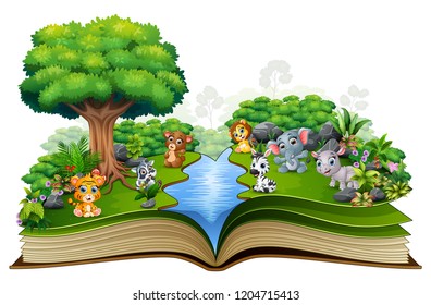 Open book with river and baby animal cartoon