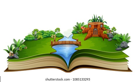 Open book with river and green plant of nature background