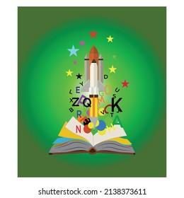 Open book with rocket, alphabets, stars. Ideas, success, learning.