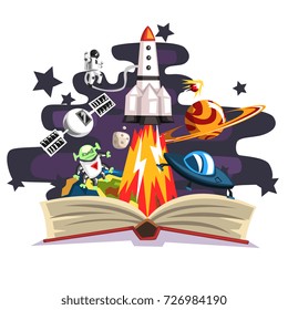 Open book with rocket, astronaut, planets, stars, UFO space ship and alien inside, imagination concept