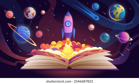 Open book with rocket launch and Solar system planets, comets in outer space background. Science or fiction story on paper pages for reading, spaceship flying in universe cartoon vector illustration