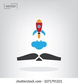 open book, rocket launch successful icon vector - learning concept