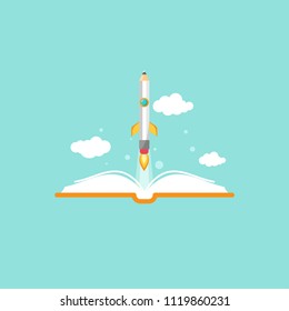 Open book and rocket pencil with fire on powder blue background. Vector flat illustration. reading and learning power logo. Imagination, inspiration, fantasy, creative. design and writing. Idea 