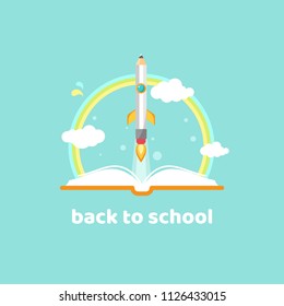 Open book and rocket pencil with fire on blue background. Vector flat illustration. reading and learning power logo. Imagination, inspiration, fantasy, creative. Back to school card