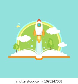 Open book with rocket ship, clouds and rainbow. Isolated on blue. Vector flat illustration. reading and learning power logo. Imagination, inspiration, Fantasy. Knowledge day. School graduation