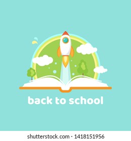 Open book with rocket ship, clouds and rainbow. Isolated on blue. Vector flat illustration. reading and learning power logo. Imagination, inspiration, Fantasy. Knowledge day. Back to school card