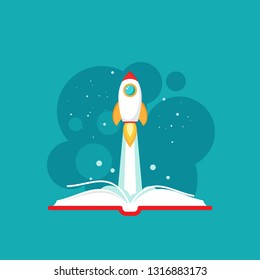 Open book with rocket ship flying out. Isolated on blue background. Vector flat illustration. reading and learning power logo. Imagination, inspiration, Fantasy. Knowledge day. School graduation