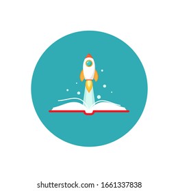 Open book with rocket ship. Vector flat illustration on blue background. reading and learning power logo. Imagination, inspiration, fantasy. School graduation