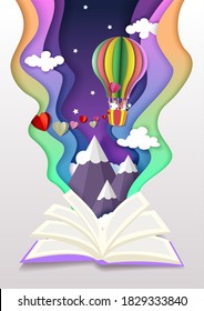 Open book with romantic couple in love flying in hot air balloon high in the sky over mountain peaks. Vector illustration in paper cut craft style. Romantic love stories concept.