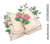 Open book with rose flowers. Isolated vector illustration for decoration, card design, poster, banner. Bookstore, bookshop, book lover, reading concept.