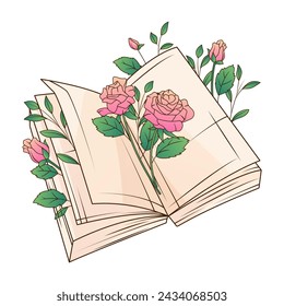 Offenes Buch mit Rosenblumen. Isolierte Vektor-Illustration für Dekoration, Kartendesign, Poster, Banner. Buchhandlung, Buchhandlung, Bücherfreund, Lesekonzept.