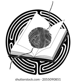 Open book in a round spiral maze or labyrinth symbol and a yarn ball. Ariadne thread. Creative concept for literacy and knowledge. Black and white silhouette.