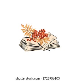 Open book with rowan branch and yellowed fallen leaves in flat style on white background. Icon education object. 