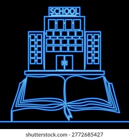 Open book with school building representing education and learning icon neon glow vector illustration concept