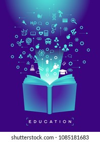 Open book of school education technology. School icons set.