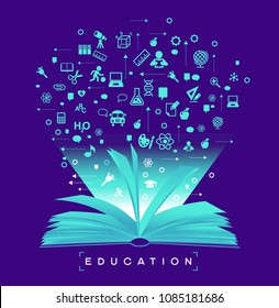 Offenes Buch über Schultechnik. Schulsymbole gesetzt.