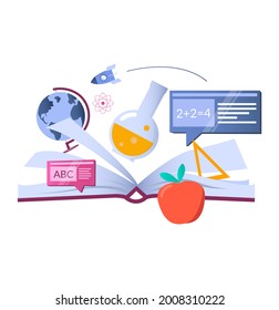 Open book with school and science symbols, flat vector illustration. Knowledge. School and education.