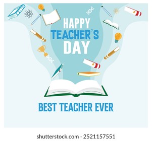 Open book with school supplies. Happy Teacher's Day celebration. Teacher's Day concept. Flat vector illustration.
