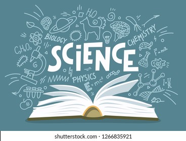 Open book with science education doodles and hand written word "Science"