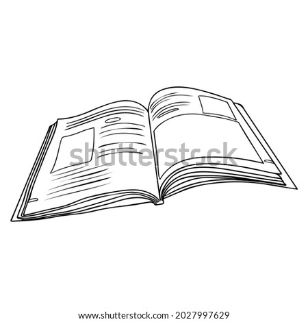 Open book, scrapbook album with frames doodle style vector. Workbook, travel book black and white illustrations. Blank journal, diary planner coloring page