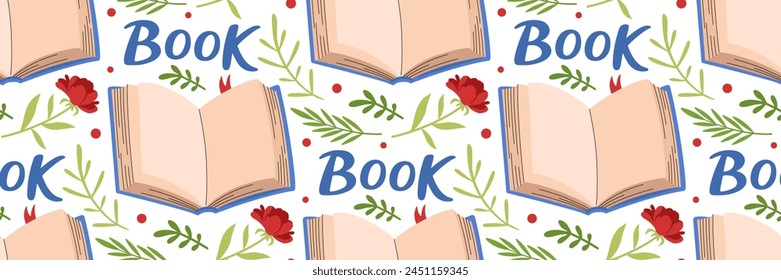 Open Book seamless pattern. World book day celebration background. Hand drawn lettering. Floral pattern. For invitation cards, wrapping paper, wallpaper or fabric, textile. Vector flat illustration.
