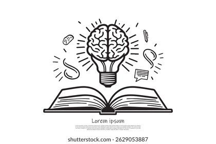 An open book is set beneath a brain-shaped light bulb. Idea icons and text in sketch style on transparent background.