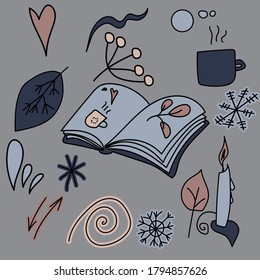 Libro abierto y conjunto de elementos adorables y acogedores y símbolos decorativos, ilustración de dibujo de mano vectorial para el diseño y la creatividad