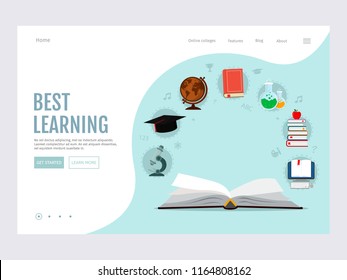 Open book with set elements knowledge icons. E-learning, online education, e-book. Modern vector illustration concepts for website.