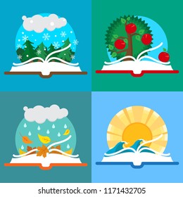 Open book set four seasons. Winter, Spring, Summer, Autumn. Vector flat illustration.