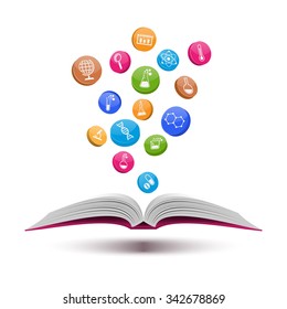 Open Book with set of science and chemistry icons, vector