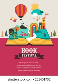 Open Book with set of vector fairy tale elements, icons and illustrations