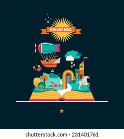 Open Book with set of vector fairy tale elements, icons and illustrations, book event, festival poster, cover template design
