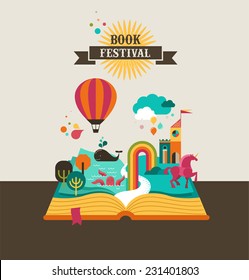 Open Book with set of vector fairy tale elements, icons and illustrations, book cover template design, book festival poster