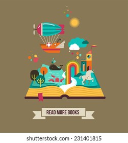 Open Book with set of vector fairy tale elements, icons and illustrations, book festival poster, book cover design