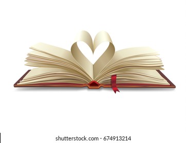 Open book and shape of heart. Old book isolated. Book heart. Realistic For Education, science, library, history, bible, school, symbol, icon, object, banner, brochure graphic design. Vector poster