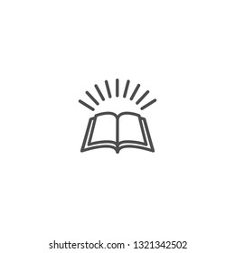 Open book with shine rays flying out.  Shining black line book isolated on white background. Flat icon. Vector illustration. Magic reading logo. enlightenment pictogram. Power of knowledge sign. 