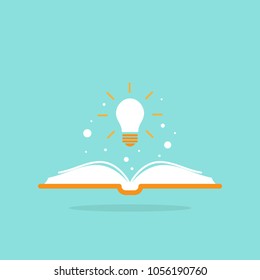 Open book with shining bulb flying out.  Flat icon isolated on powder blue background. Flat icon. Vector illustration. Idea logo. Inspiration pictogram. Power of knowledge sign.