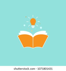 Open book with shining bulb flying out.  Flat icon isolated on powder blue background. Flat icon. Vector illustration. Idea logo. Inspiration pictogram. Power of knowledge sign.