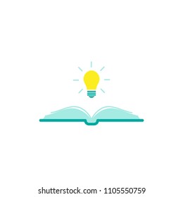 Open book with shining bulb flying out.  Flat icon isolated on white background. Flat icon. Vector illustration. Idea logo. Inspiration pictogram. Power of knowledge sign.