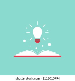 Open book with shining bulb flying out.  Flat icon isolated on powder blue background. Flat icon. Vector illustration. Idea logo. Inspiration pictogram. Power of knowledge sign.