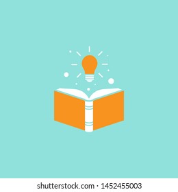 Open book with shining bulb flying out.  Flat icon isolated on powder blue background. Flat icon. Vector illustration. Idea logo. Inspiration pictogram. Power of knowledge sign.