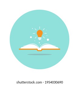 Open book with shining bulb flying out.  Flat icon isolated on powder blue background. Flat icon. Vector illustration. Idea logo. Inspiration pictogram. Power of knowledge sign.