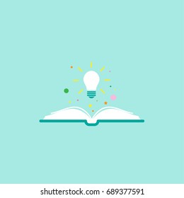 Open book with shining bulb flying out.  Flat icon isolated on light turquoise background. Flat icon. Vector illustration. Idea logo. Inspiration pictogram. Power of knowledge sign.