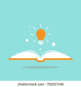 Open book with shining bulb flying out.  Flat icon isolated on powder blue background. Flat icon. Vector illustration. Idea logo. Inspiration pictogram. Power of knowledge sign.