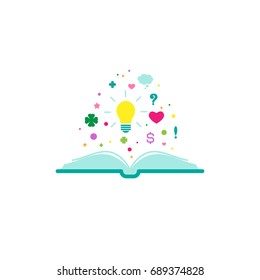 Open book with shining bulb, hearts, stars, signs flying out.  Flat icon isolated on white background. Reading vector illustration. Idea logo. Inspiration pictogram. Power of knowledge sign.