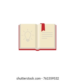 Open book with shining bulb on page and red bookmark.  Flat icon isolated on white background. Flat icon. Vector illustration. Idea logo. Inspiration pictogram. Power of knowledge sign.